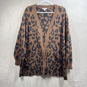 Belle Kim Gravel Leopard Print Knit Cardigan Duster Open Front Pockets Sz XLP